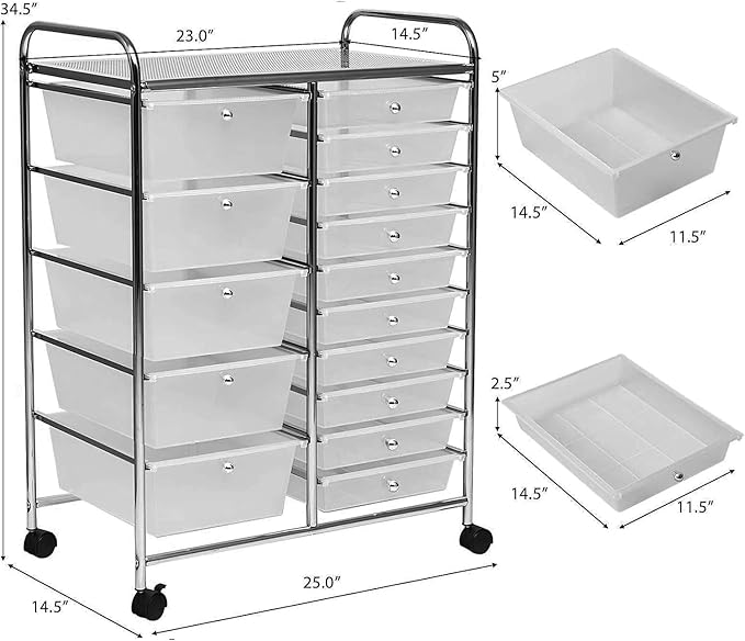 HAPPYGRILL 15-Drawer Rolling Cart, Storage Carts with Removable Drawers & Steel Frame, Utility Cart on Lockable Wheels for Home, School, Office, Macaroon