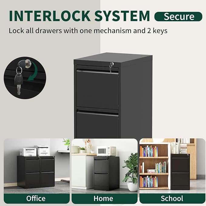 Yukimo 2 Drawer File Cabinet with Lock, Vertical File Cabinet with Lock, Locking File Cabinet Hanging Files for A4/ Legal/Letter, Require Assembly, White