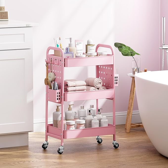 KINGRACK 3 Tier Rolling Cart with DIY Hanging Board, Metal Rolling Utility Cart with Wheels Handles Baskets Hooks, Rolling Storage Cart Suitable for Bathroom, Kitchen, Office, Nursery Diaper (Pink)