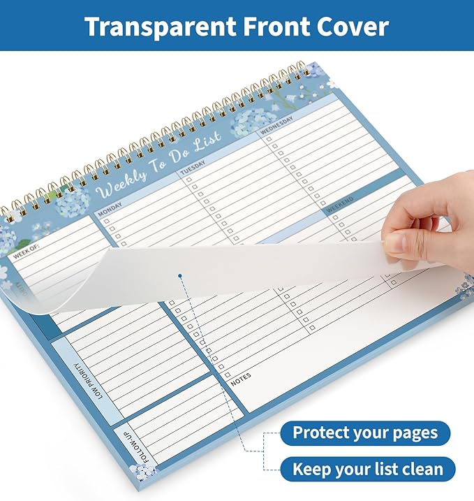 104 Pgs Weekly To Do List Notepad, 52 Duplex-Printed Undated Sheets 100 GSM(8.5"×11") Weekly Desk Planner For Work Home School Office Desk Accessories Supplies & Goal Setting Tasks -Blue Hydrangea