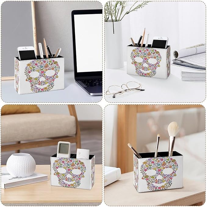 Famame Abstract Floral Leaves Skull Pencil Holder for Desk, Leather Desktop Container Pen Cup Storage Study Table Pen Organizer Makeup Brush Holder for Classroom Office Home