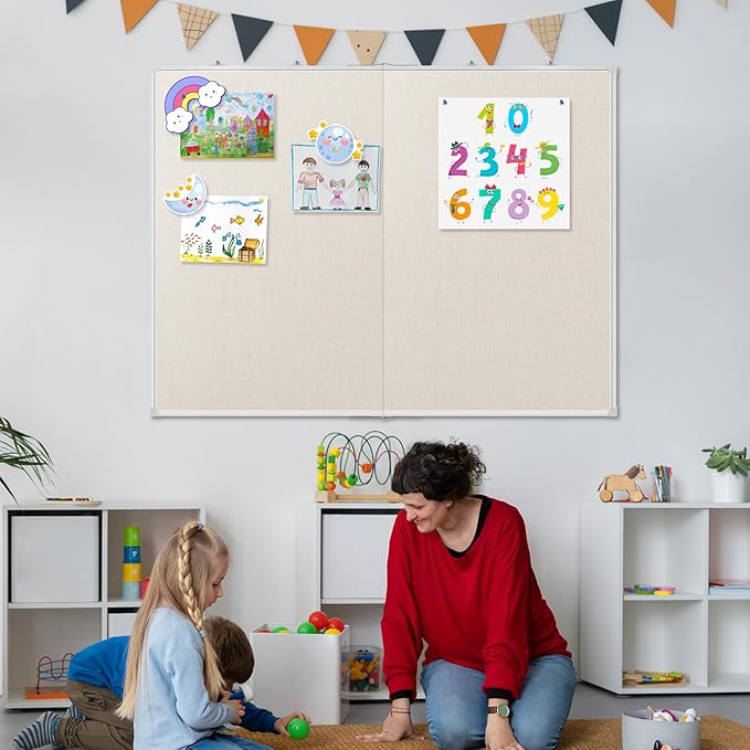 AMUSIGHT Double-Sided Large Cork Board with Linen, 48" x 36" Foldable Hanging Aluminum Framed Bulletin Board, Vision Board Pin Board Corkboards for Walls, Office, School Decor, 20 Pushpins