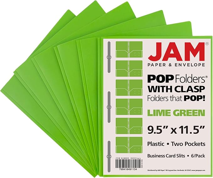 JAM PAPER Plastic Color POP Folders - 2 Pocket Durable Folders with Metal Prongs Fastener Clasps - Lime Green - 6/Pack