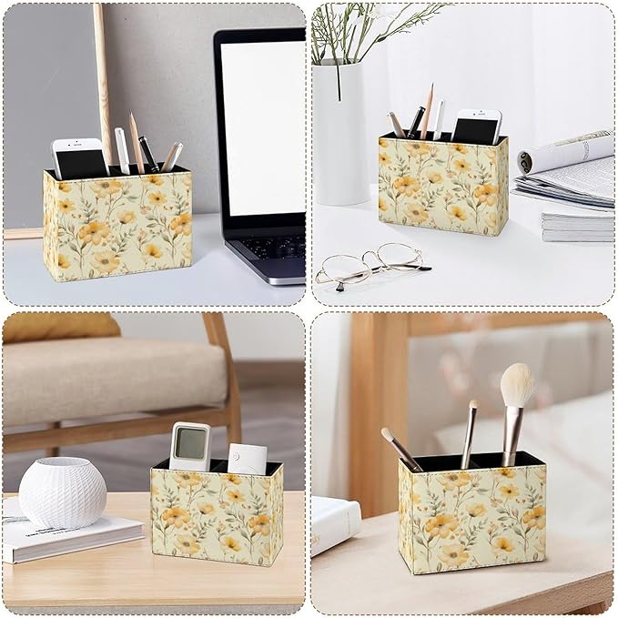 Famame Yellow Flowers Small Leaves Pencil Holder for Desk, Leather Desktop Container Pen Cup Storage Study Table Pen Organizer Makeup Brush Holder for Classroom Office Home