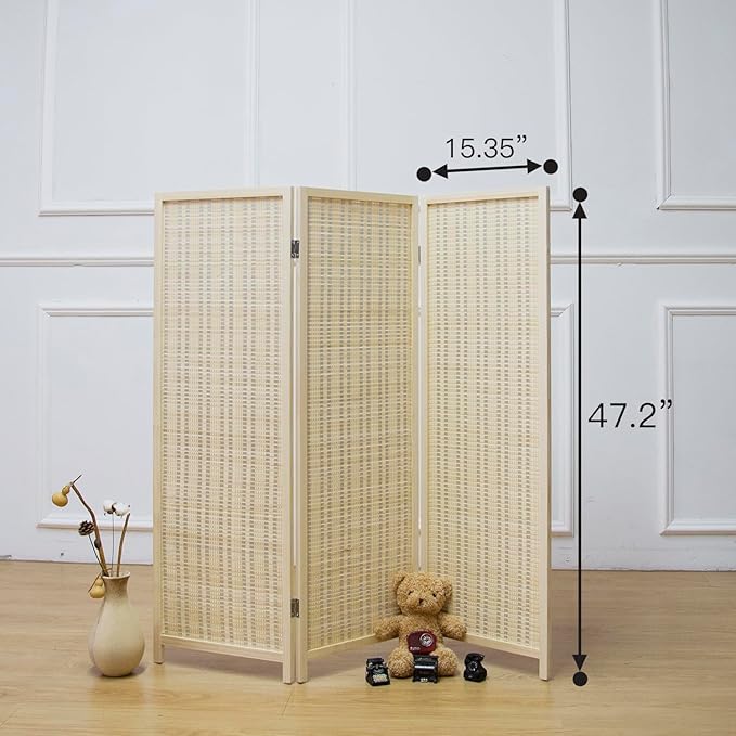 Furnnylane 3 Panel Short Room Divider Screen,Beige Freestanding Partition,Small Bamboo Panel Divider for Room Seperation,3.95 FT Tall