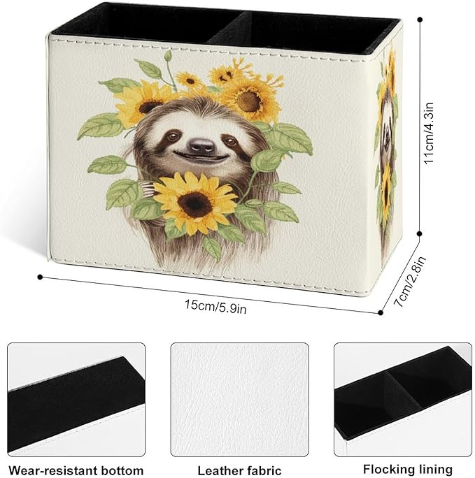 Famame Sloth Sunflower Pencil Holder for Desk, Leather Desktop Container Pen Cup Storage Study Table Pen Organizer Makeup Brush Holder for Classroom Office Home