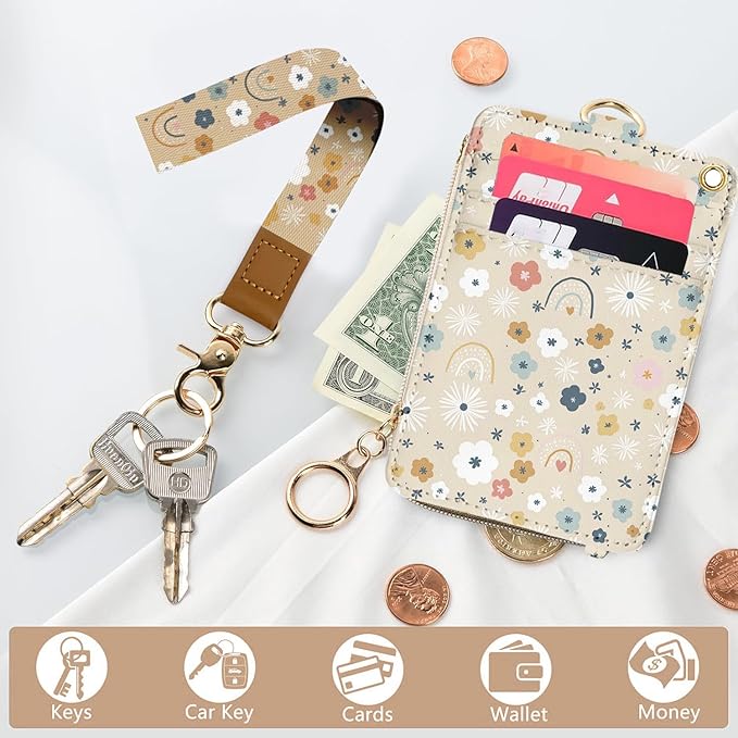 bolimoss Floral Lanyard Wallet & ID Badge Holder 2-in-1, Cute Women Badge Holder with Lanyards, Leather ID Badges Holder for Nurse Teacher Student Office(Flowers Rainbows)
