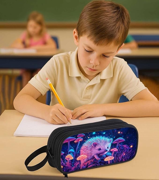 AnySmic Hedgehog Pencil Case for Boys Girls, Large Pencil Pouch for Kids, Polyester Big Capacity Pen Case with 2 Compartments, Double Zipper, Pen Bag Organizer