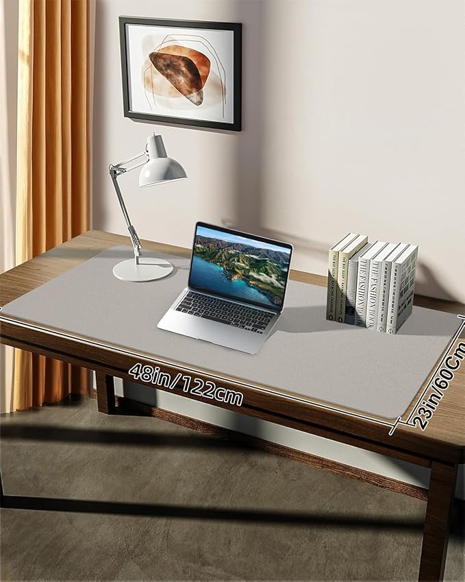 Leather Desk Pad Protector, Large Office Mat & Mouse Pad, Non-Slip Laptop Desk Blotter, Waterproof Writing Pad (Light Grey, 48" x 24")