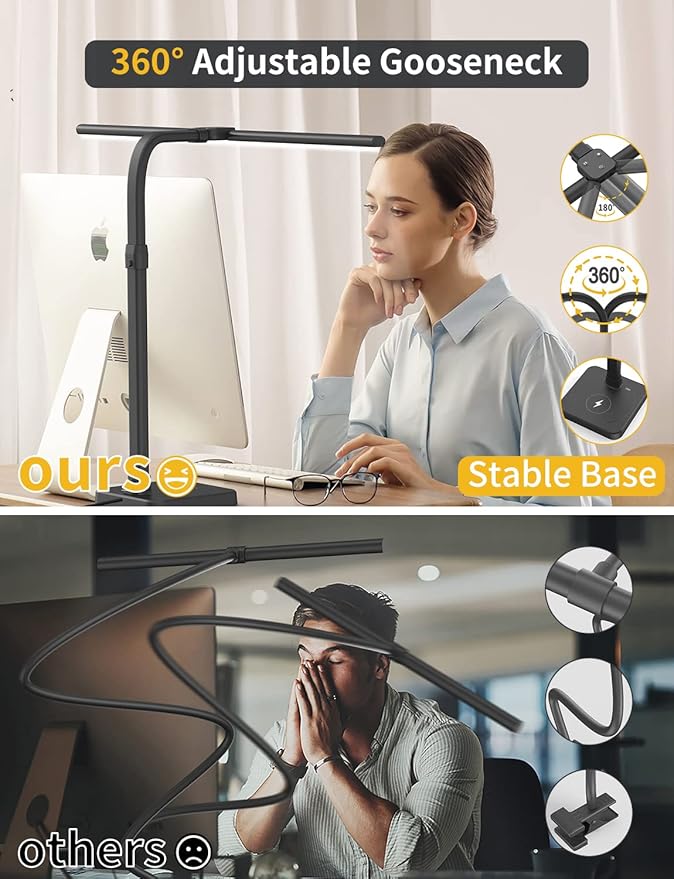 AKRRYR LED Desk Lamp for Home Office, Double Head 24W with Base, Architect Light 5 Lighting Brightness Flexible Gooseneck Table Reading Study, Black