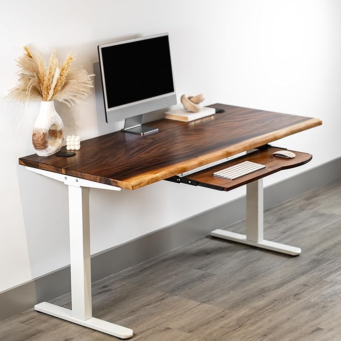 Standing Desk with Keyboard Tray – Walnut Solid Wood Desk, Natural Live Edge, Adjustable Height Dual Motor, Sit Stand for Home Office (White, W48 x D27)