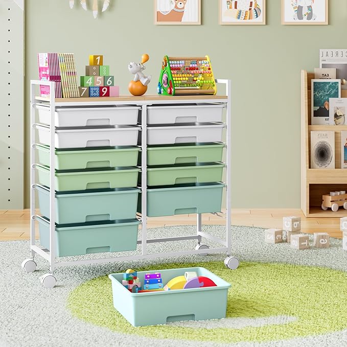 Rolling Storage Cart with 12 Drawers, Wooden Tabletop Utility Cart for Craft Storage, Art Supply Storage & Home Office Organization, Teacher Cart with Wheels for Classroom Organization, School (Green)
