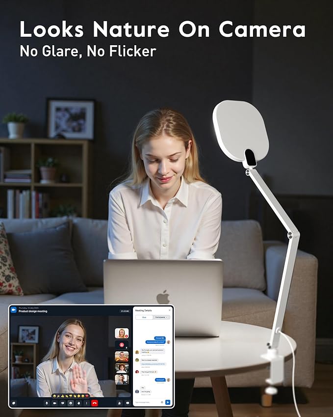 LitONES Led Desk Lamp with Clamp, 1200LM Dimmable Home Office Desktop Light, 3000k-6500k Adjustable Swing Arm Ring Light for Video Conference, Study, Reading, Zoom Calls, Streaming (White)