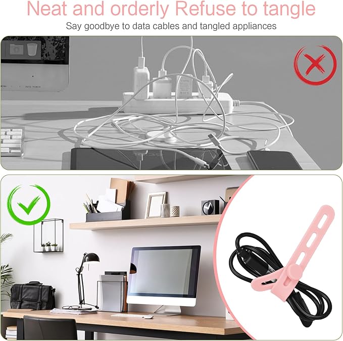 Donruby 24Pcs Silicone Cable Ties - Reusable & Washable with Locking Buckles, Adjustable Fastening Cable Management Straps, Multi-Purpose High Elasticity Cord Organizer (Pink)