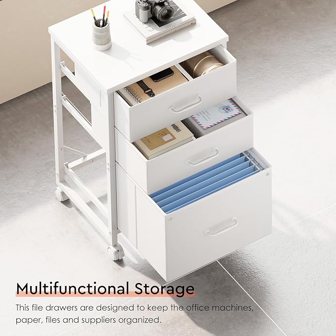 Maihail 3 Drawer Mobile File Cabinet with Wheels Fabric Vertical Filing Cabinet fits A4 or Letter Size for Home Office,White