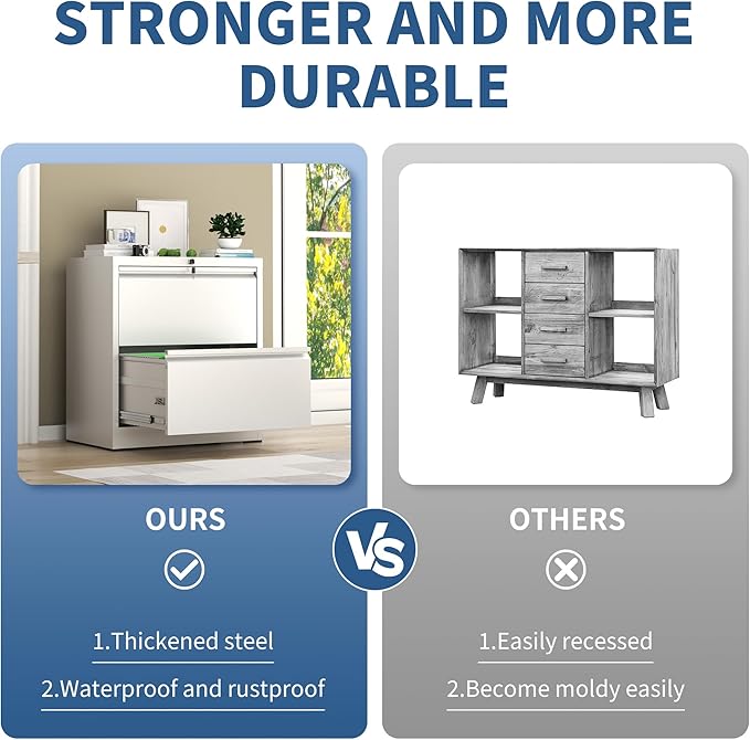 FLIXELIO 2 Drawer File Cabinet with Lock, White Metal Lateral Filing Cabinets for Home Office, Heavy Duty Steel Horizontal Locking Storage Cabinet for Legal/Letter/A4 Size File, Assembly Required