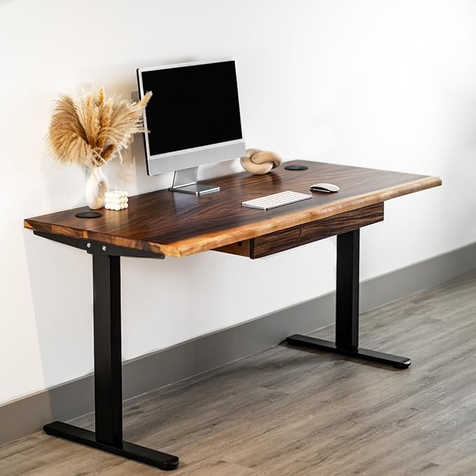 Standing Desk with Drawer – Walnut Solid Wood Desk, Natural Live Edge, Adjustable Height Dual Motor, Sit Stand for Home Office (Black, W48 x D27)