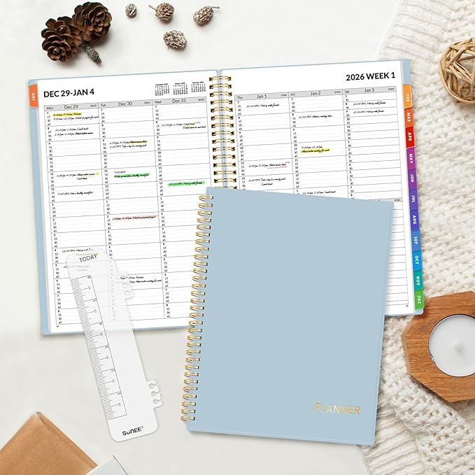 SUNEE 2026 Appointment Book, Quarter-Hourly, Weekly & Monthly - from January 2026 - December 2026, 8.5"x11" Weekly Planner, Flexible Cover, Note Pages, Pockets, Bookmark, Spiral Binding, Gray Blue