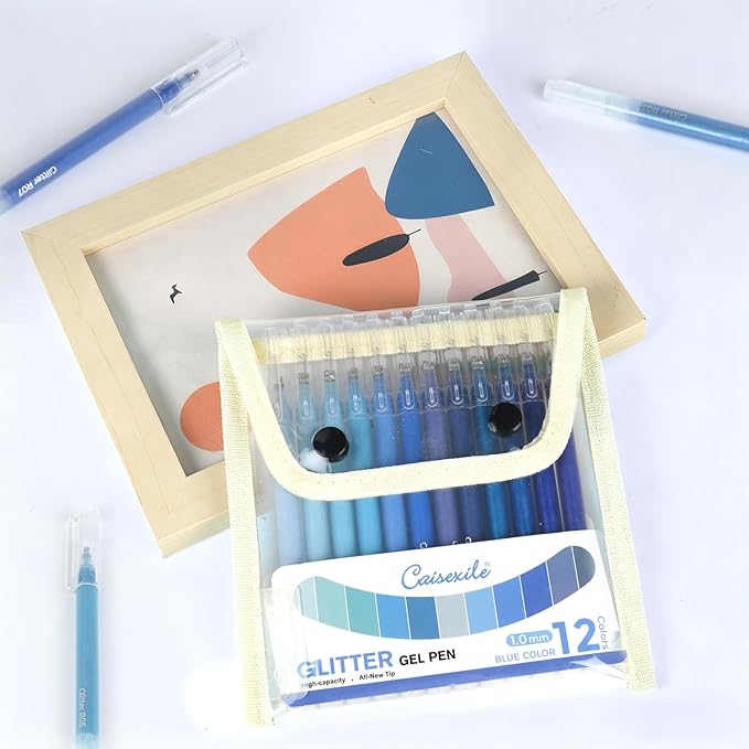 CAISEXILE 12 Blue Glitter Gel Pens Set, 1.0 mm Fine Point for Black Paper & White Paper, Large Capacity Pens for Journaling, Adult Coloring Books, Drawing, Note Taking, Highlighting