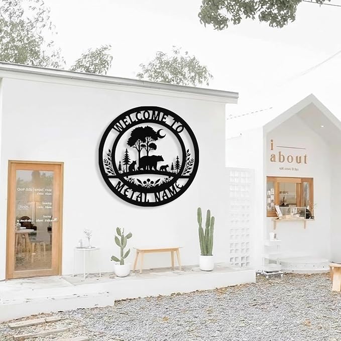 Custom Bear Metal Sign, Custom Bear Metal Wall Art Decor, Personalized Last Name Welcome Signs for Home, Rustic Farmhouse Black Wall Decor for Cabin, Outdoor Porch