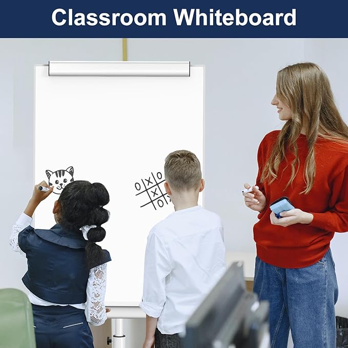 TSJ OFFICE Rolling Whiteboard Standing - 40 x 26 Inches Magnetic Mobile White Board with Stand, Height Adjustable Dry Erase Board on Wheels with Paper Clamp on Top, White