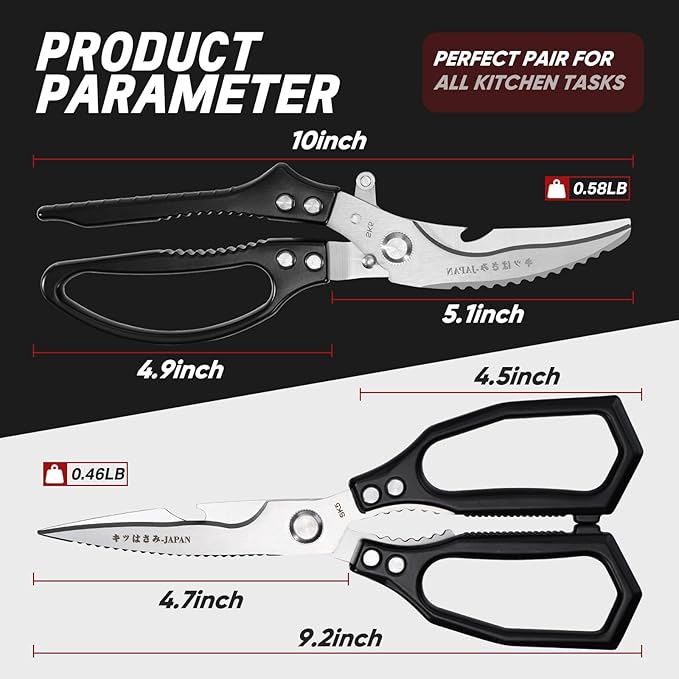 TIVOLI Kitchen Scissors Set Black,Japanese Stainless Steel Kitchen Shears for Food, Heavy Duty Poultry Shears, Food Scissors for Meat,Chicken Bones and Turkey,Ideal Gift