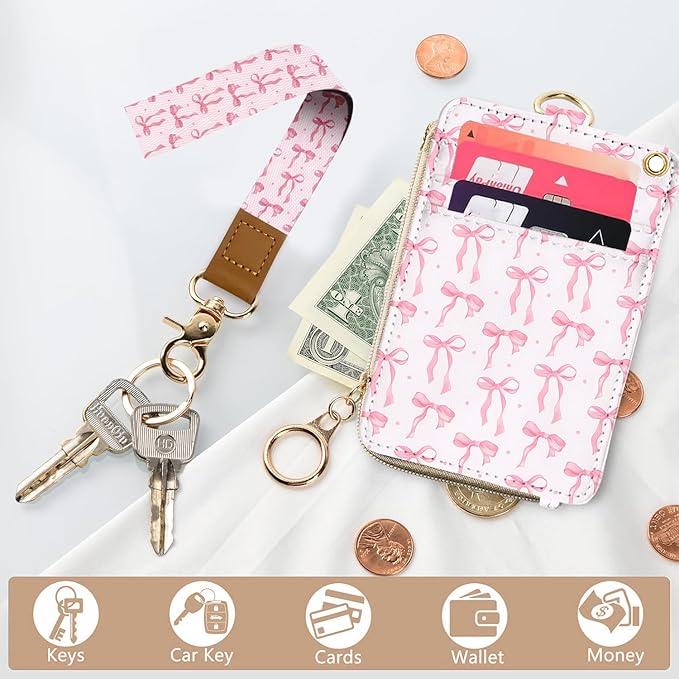 bolimoss Cute Pink Bow Lanyard Wallet, 2-in-1 ID Badge Holder & Leather Credit Card Holders, Women Zippered Coin Pouch with Removable Wristlet & Neck Lanyard, Clear Window, 5 Card Slots, Ring Keychain