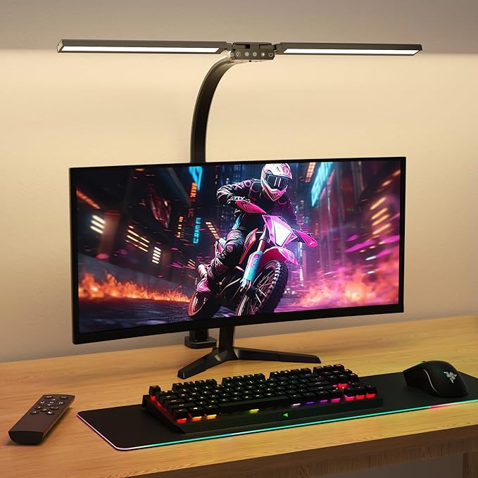 SIBRILLE LED Desk Lamp for Home Office - Remote Control Desk Light Computer Lamp with clamp, 22W, Dimmable, Color Changing, Touch Control, Height Adjustable, Black Table Task Light Bar for Work