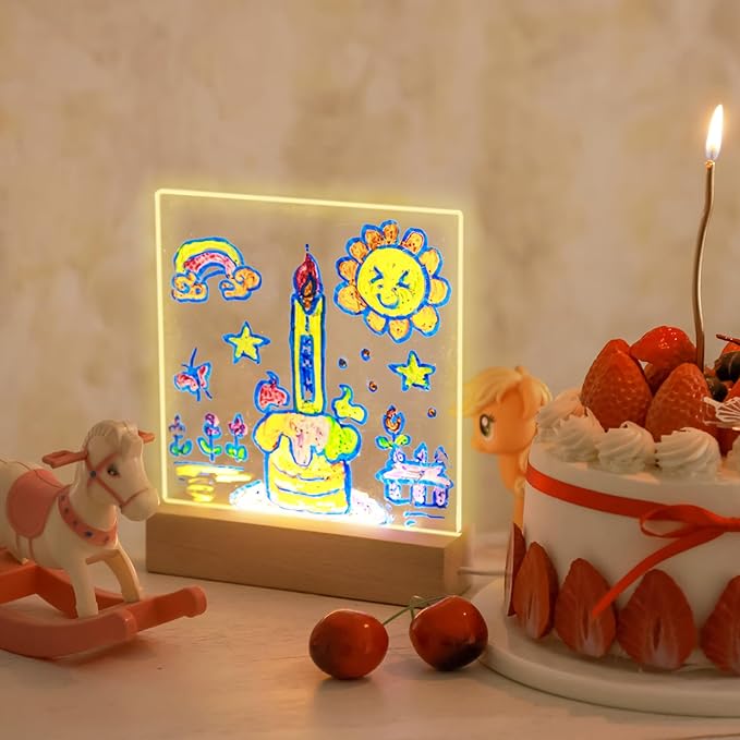 FRELWIM 5.9 x 5.9 Inch Warm LED Message Memo Note Board with Colors, Clear Acrylic Desktop Light Up Dry Erase Drawing Writing Board with Stand