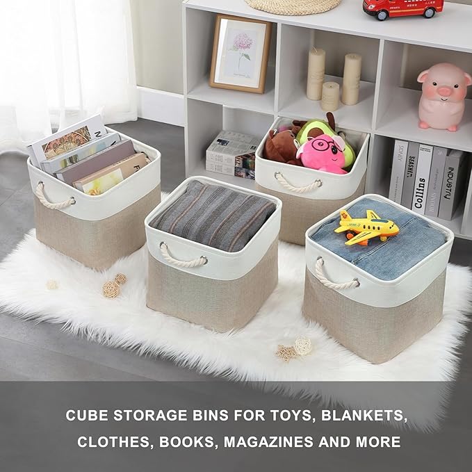 Mangata Canvas Storage Boxes, 13 Inch Cube Storage Bins Set of 6, Fabric Baskets with Cotton Rope Handle for Organizing Clothes Nursery Home (Khaki/White)