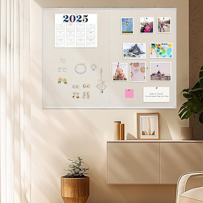 AMUSIGHT Double-Sided Large Cork Board with Linen, 60" x 40" Foldable Hanging Aluminum Framed Bulletin Board, Vision Board Pin Board Corkboards for Walls, Office, School Decor, 20 Pushpins