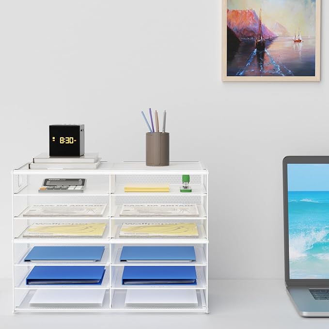 Lavatino 12 Compartments Paper Organizer for Desk, Mesh Literature Organizer, Mail File Sorter Tray with Handle, Desktop Mailbox for Office Classroom Home - White