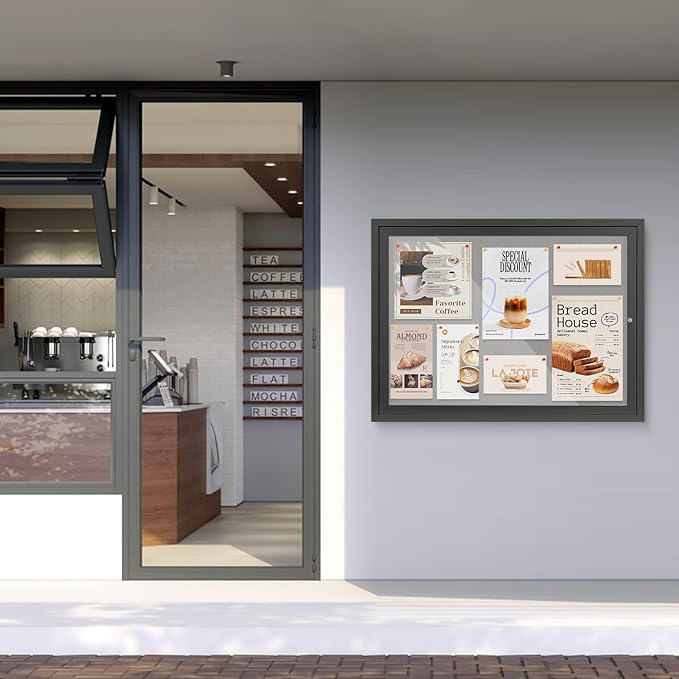 S SWANCROWN Outdoor Bulletin Board Weatherproof 37x28in, Enclosed Bulletin Board Wall Display Case Grey Felt Board for Office School Commerce,Black Aluminum Frame