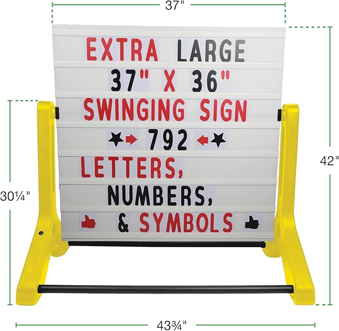 Swinging Changeable Message Sidewalk Sign 36″ x 37″ – Outdoor Advertising Sign Board with 792 Pre-Cut Double-Sided Letters & Storage Box – Heavy-Duty, Rust-Resistant Sidewalk Display for Businesses & Events (Yellow Legs)