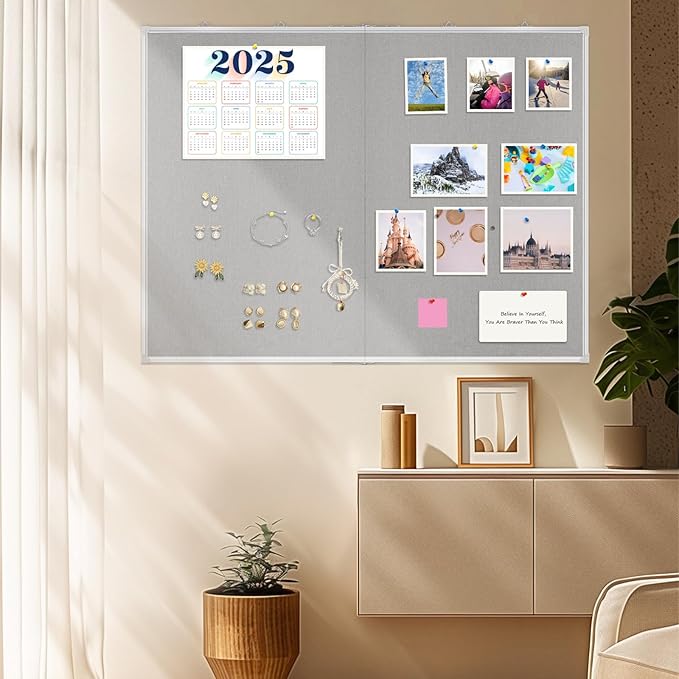 AMUSIGHT Double-Sided Large Cork Board with Linen, 48" x 36" Foldable Hanging Aluminum Framed Bulletin Board, Vision Board Pin Board Corkboards for Walls, Office, School Decor, 20 Pushpins
