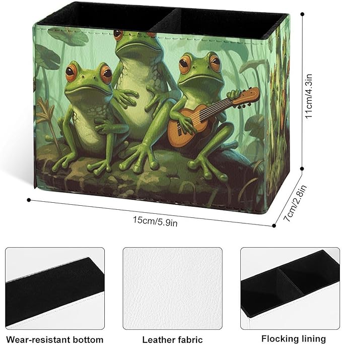 Famame Cute Funny Frog Music Team Pencil Holder for Desk, Leather Desktop Container Pen Cup Storage Study Table Pen Organizer Makeup Brush Holder for Classroom Office Home