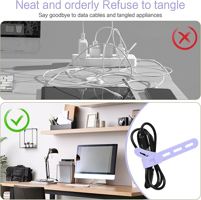 Donruby 24Pcs Silicone Cable Ties - Reusable & Washable with Locking Buckles, Adjustable Fastening Cable Management Straps, Multi-Purpose High Elasticity Cord Organizer (Purple)