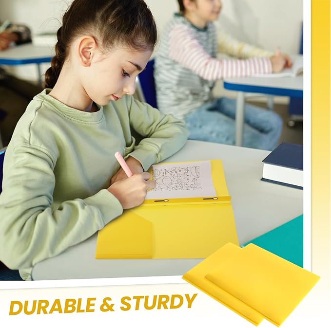 Lincia 100 Pcs Plastic Folders with Pockets and Prong Folders with Prongs 2 Pockets for Office, School for Students, Teachers, Office Workers(Yellow)