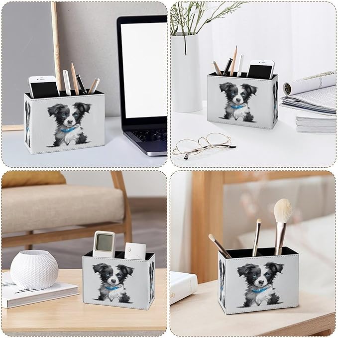 Famame Cute Border Collie Puppy Pencil Holder for Desk, Leather Desktop Container Pen Cup Storage Study Table Pen Organizer Makeup Brush Holder for Classroom Office Home