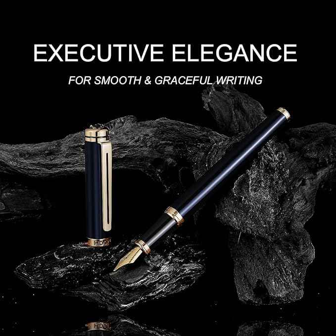 HDDNB Blue Luxury Fountain Pen Set for Men and Women with Gift Box, 24K Gold Finish and Gilded Nib(Fine) with 5 Black Ink Cartridges and Converter