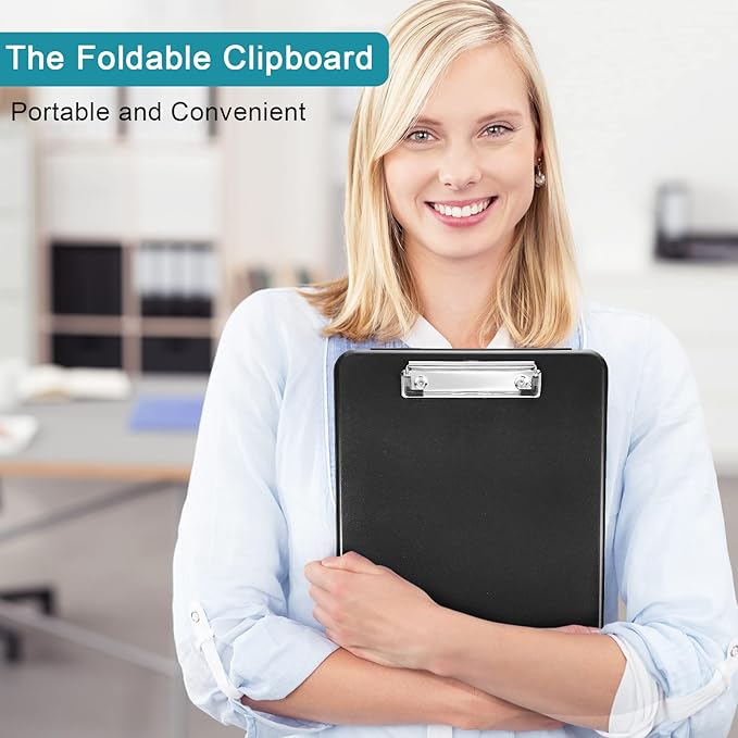 6 Pieces Clipboard with Storage, 9.5 x 13.5 Heavy Duty Plastic Storage Clipboard, Nursing Foldable Clip Board with Compartment and Metal Clip for Nurse Teacher Student Classroom Office (Black)