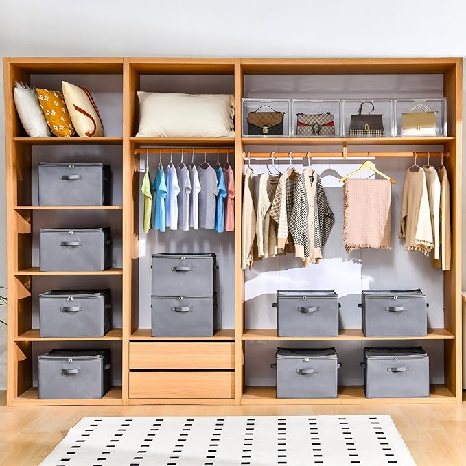 INSTY 2 Pack Shoe Organizer for Closet,Fits up to 32 Pairs,Adjustable Dividers for Shoe Storage,Fabric Shoe Storage Bins with Clear Cover,Grey