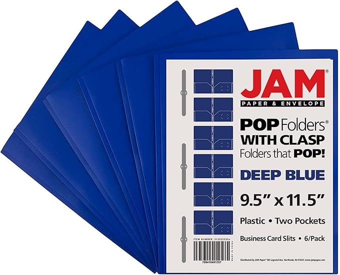 JAM PAPER Plastic Color POP Folders - 2 Pocket Durable Folders with Metal Prongs Fastener Clasps - Dark Blue - 6/Pack