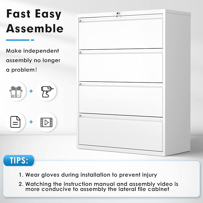 Pataku 4 Drawer File Cabinet with Lock, Metal Lateral File Cabinets for Home Office, Locking Filling Cabinets for Hanging Files Letter/Legal/F4/A4 Size(4Drawer/White)