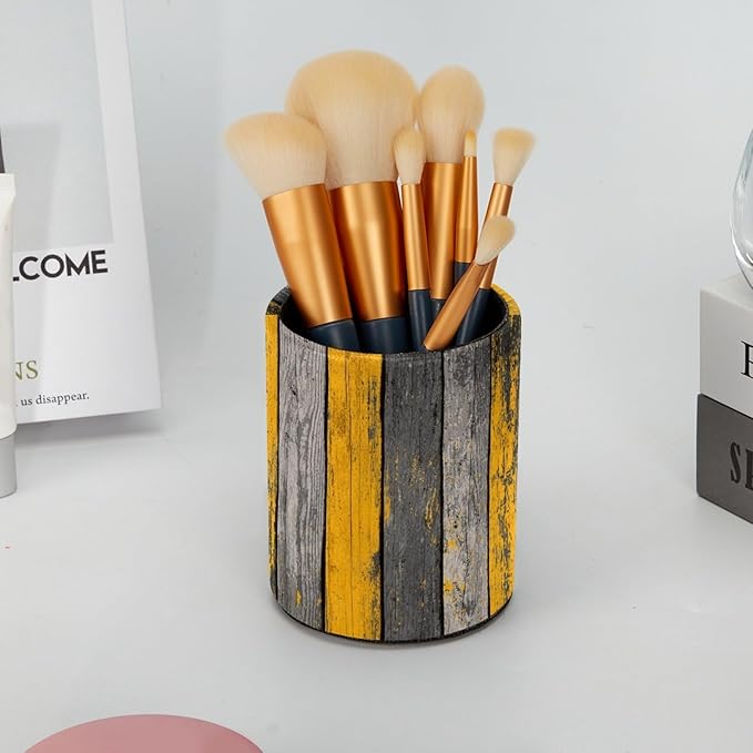 Leather Pen Holder for Desk Yellow Grey Gradient Wood Planks Pattern Pencil Cup Desktop Organizer Makeup Brush Holders Office Supplies for Home, Kids & School
