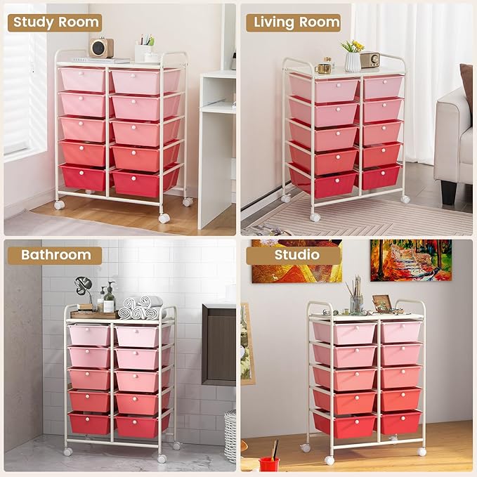 HAPPYGRILL 10-Drawer Rolling Storage Cart, Storage Organizer Cart with Lockable Wheels, Beauty Salon Movable Utility Cart for School, Office, Home, (Pink)