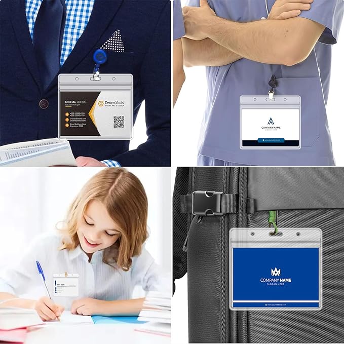 Horizontal Badge Holder, Extra Thick ID Card Name Badge Holder, Name tag Holder with Waterproof Type Resealable Zip (100 Pcs)