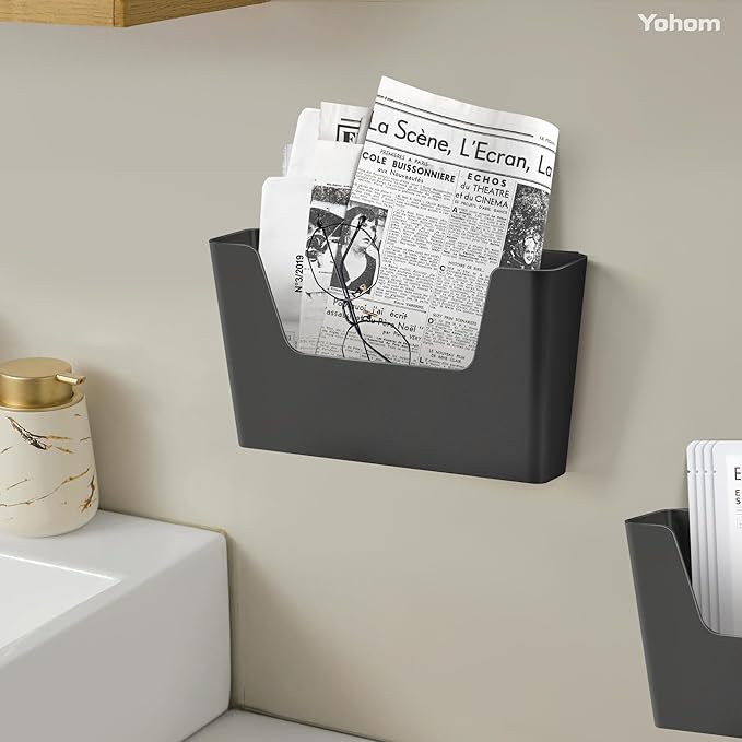 YOHOM No Drilling File Holder Wall Mails Magazines Organizer Adhesive Door Mount, Single Pocket, (White 1) (BLACK, 5 PCS)