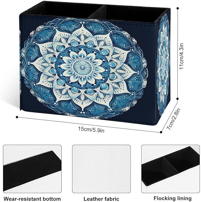 Famame Round Blue Mandala Pencil Holder for Desk, Leather Desktop Container Pen Cup Storage Study Table Pen Organizer Makeup Brush Holder for Classroom Office Home