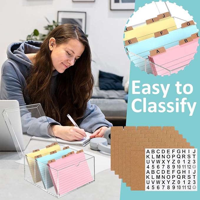 4x6 Index Card Holder Acrylic Index Card Organizer Clear Index Card Box Flash Card Holder with 5 Index Card Dividers Recipe Cards Holder Notecard Storage Box 150 Ruled Cards Stickers For Office Desk